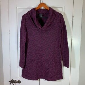 Nomadic Traders‎ Womens M Purple Black Chevron Knit Cowl Neck Tunic Sweater